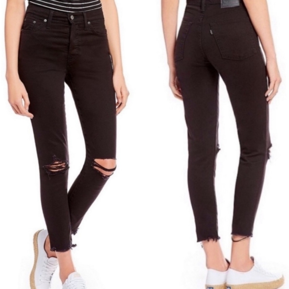 LEVI'S High Rise Wedgie Skinny Black Jeans Size 32 Ripped Distressed Fray Hem